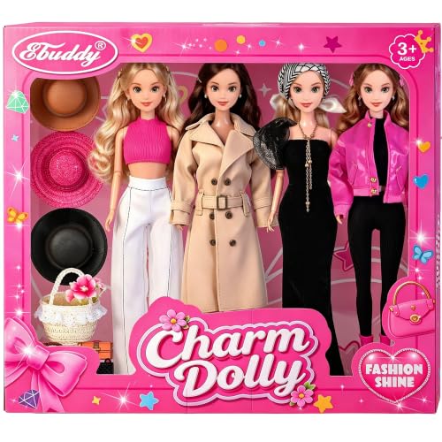 iBayda 4 Pack Fashion 11.5 inch American Toy Prinecess Dolls Playset with Unique Style Outfits Dress Coat and Accessories Like Handbag Hat (Gift Box Package)