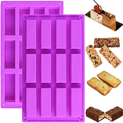 [2pcs] JOERSH Chocolate Bar Mold/Granola Bar Pan, Rectangle Silicone Candy Molds for Baking Energy Bars/Protein bars/Ganache/Brownie/Cheesecake/Cornbread/Pudding, 12-Cavity Butter Mould