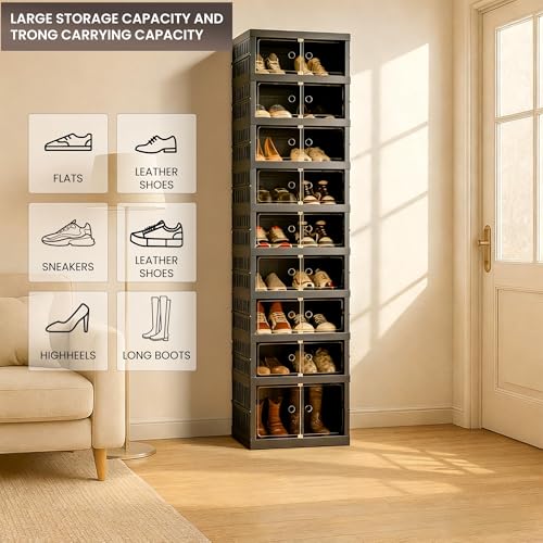 Image of Foldable Shoe Organizer Storage Box Set of 6, Portable Extra Large Folding Shoe Rack for Closet, Shoe Storage Box with Magnetic Transparent Door and Wheels, 9 Layers 18 Grids with 2 Big Grids