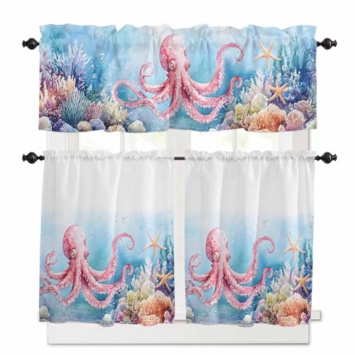Octopus Kitchen Curtains 36 Inch Length, 3 Piece Rod Pocket Small Half Tiers and Valance Set, Coastal Starfish Watercolor Blue Ocean Coral Small Large Window Treatment Decor for Bedroom/Bathroom Sink