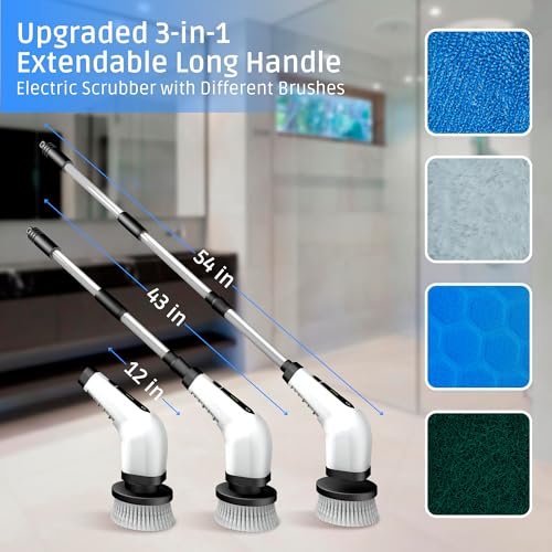 Image of an Store Electric Spin Scrubber - 2 Speeds Shower Scrubber with Long Handle 7 Replaceable Heads Shower Cleaner Brush Cordless Spin Brush for Cleaning (White)