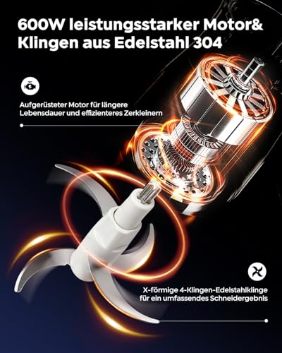 Bear 2L+1.8LFleischwölfe Zerkleinerer Elektrisch, Glas+Edelstahl，600W 2 Geschwindigkeit, Häcksler mit 4-Edelstahlklingen und Fleischwolf, Chopper für Fleisch,Babynahrung,Obst,Gemüse