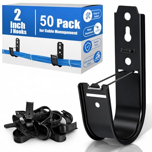 Image of Podoy 50 Pack Black 2 inch Galvanized Steel Cable J Hooks with Retainer Clips | 16-Gauge Wall /Ceiling Cable Hangers for CAT5e, CAT6, Coax, Fiber Optic and Conduit, 50 lb Load Capacity