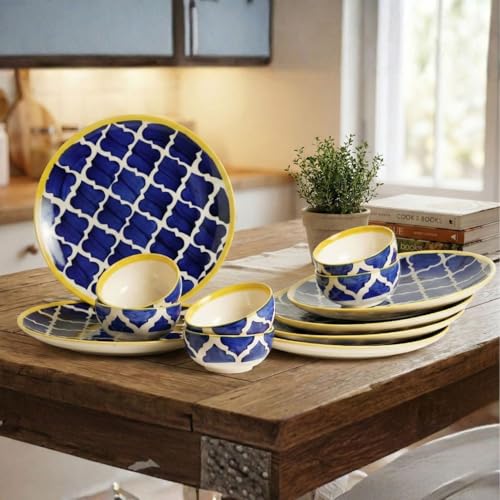 Image of Freakway Premium Moroccan Hand Glazed Dinner Set of 12 Pieces for Dinner with Bowls | 6 Dinner Plates and 6 Serving Bowl /katori | Microwave & Dishwasher Safe - Blue