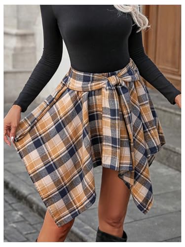 Milumia Women's Plaid Asymmetrical Hem Ruffle Skirt Knot Front High Waist Short Skirts4