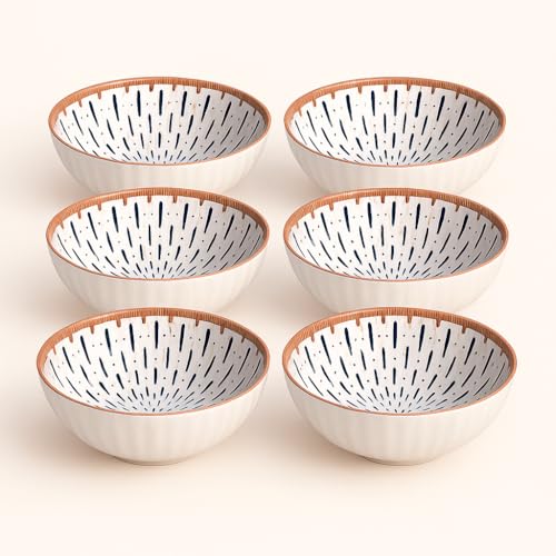 Image of YELONA Ceramic Bowls Set of 6 | 300ml Hand-Painted Japanese Style Rice /Soup Bowls | Microwave & Dishwasher Safe | Blue Droplet Pattern | Lead-Free Porcelain | 11.5cm Diameter