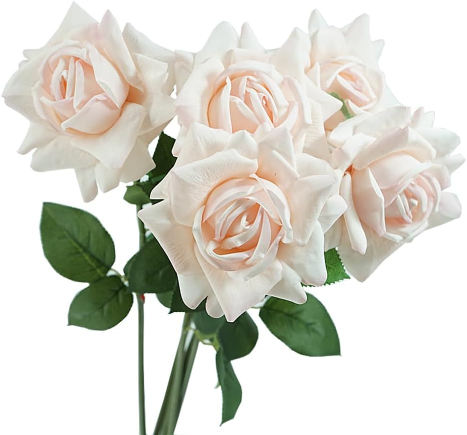 Artificial Flowers with Stems 28.7” Long Stem 5PCS Colourful Fake Roses for Decoration Rose Bouquet Faux Floral for Wedding Centerpieces (Champagne)