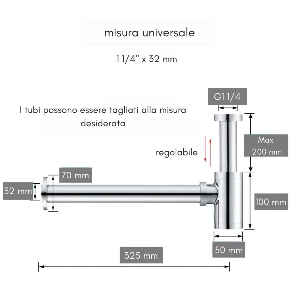 Schläfer 3439702 - Sifón universal para lavabo y lavabo, longitud y altura regulable, cierre de olor con apertura de limpieza, sifón de tubo de 1 1/4 pulgadas roscado