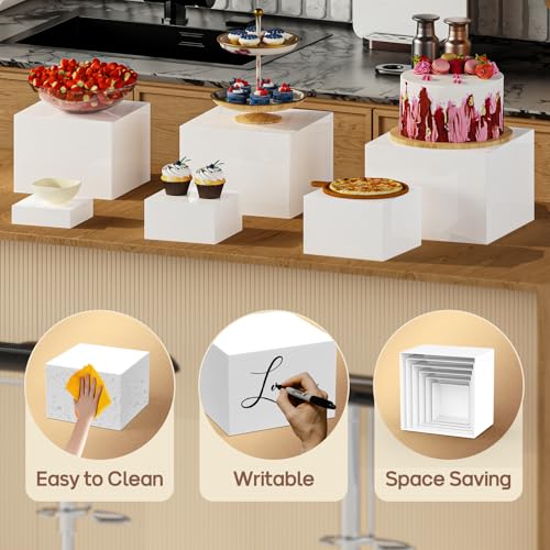 Image of 6 PCS Buffet Risers, Food Risers for Buffet Table, Display Stand Shelf for Party, Catering, Jewelry & Collectibles, White Acrylic Nesting Boxes for Food Display (8 inch 7 inch 6 inch 5 inch 4 inch 3 inch)
