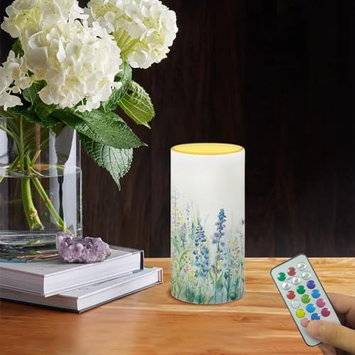 Image of Flameless Candle with 18 Key Remote 4 /8 Hours Timing Color Changing Flickering Realistic Votive Electric Candle for Patio Desktop Home Ornaments, Blue Green Floral