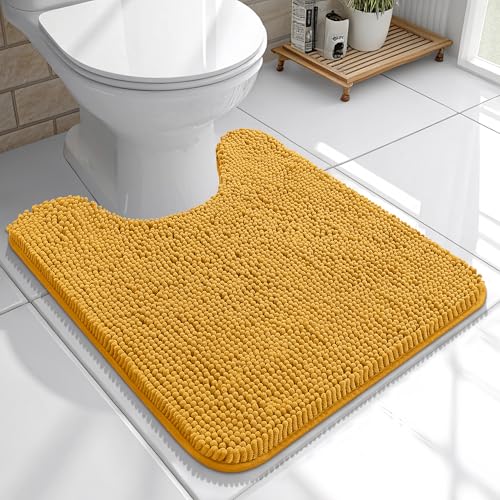 Image of OLANLY Toilet Rugs U-Shaped 20x20, Extra Soft Absorbent Chenille Contour Bathroom Rugs for Toilet, Dry Quickly, Machine Washable, Non-Slip Bath Mat, Golden Yellow
