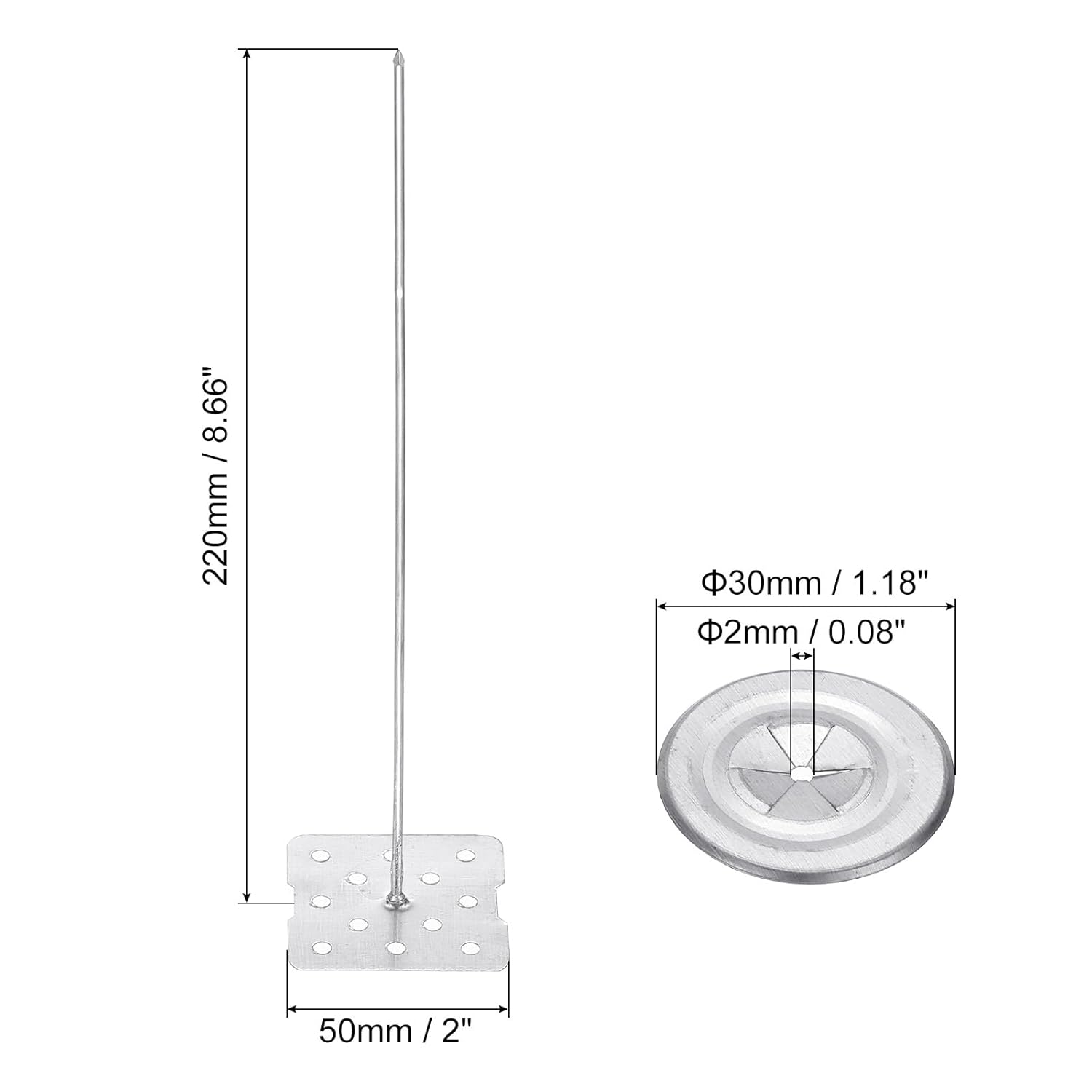 PATIKIL 220mm Perforated Insulation Pins with Round Washer,50 Sets 2in Insulating Nails Wall Plug for Fixing Foam Boards to Wall or Ceiling