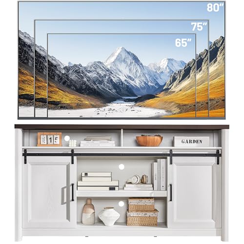 Image of Rustic Farmhouse TV Stand for 80 Inch TVs, Large Entertainment Center with Storage, TV Console for Bedroom Living Room, Media Console Cabinet with Sliding Barn Doors, 70 Inch Wide, White & Walnut