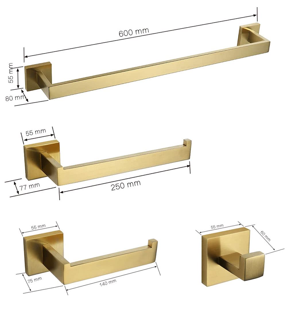 WOMAO Set di 4 Accessori da Bagno Set Senza forare per incollare - Appendiabiti, portarotolo, portasciugamani, Anello portasciugamani, Quadrato Rifinito in Oro Spazzolato