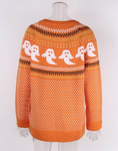 Image of Women's Fair Isle Sweaters Long Sleeve Crew Neck Loose Casual Halloween Pullover Sweater Orange Large