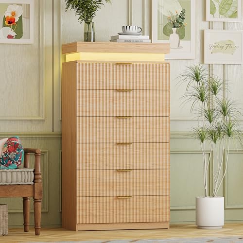 Image of Tall 6 Drawer Dresser with LED Lights and Charging Station, 53 inch Tall Fluted Dresser for Bedroom, Modern Wood Chest of Drawers for Closet Organizer Cabinet for Living Room, Natural Oak