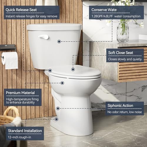 Two-Piece Elongated Toilet, 1.28 GPF Powerful Single Flush, 16" Universal Height Toilet with Soft Close Seat, 12 Inch Rough In, White
