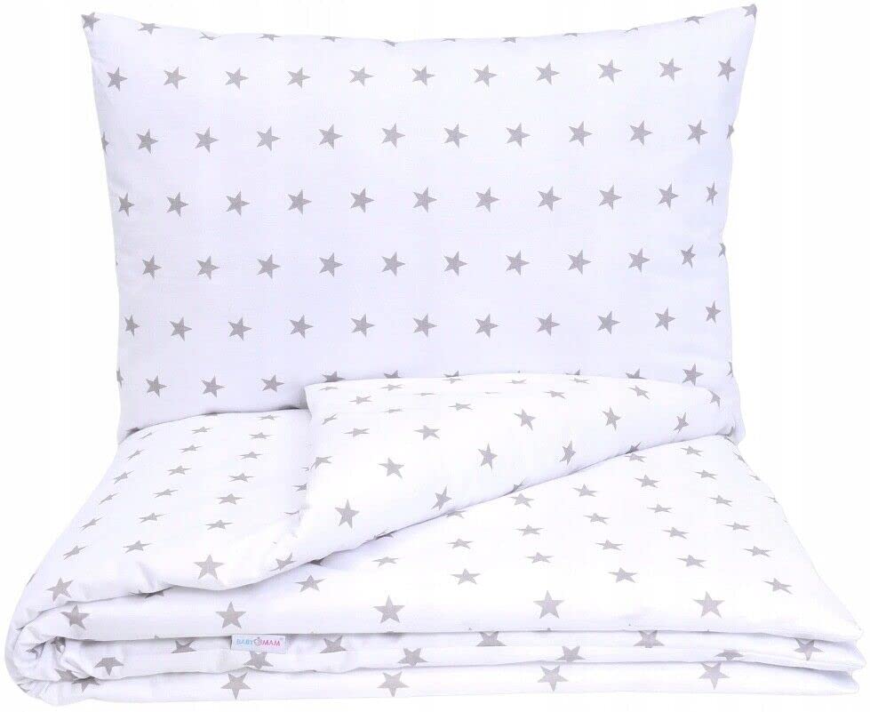 Babymam 2pc Baby bedding set 120x90 Cotton Pillowcase Duvet Cover Fit Cot (Small grey stars on white)