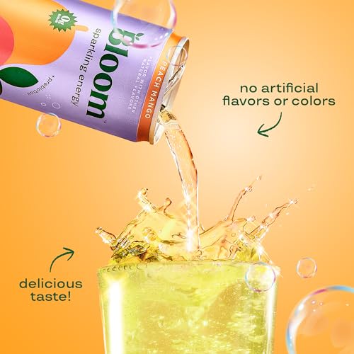 Image of Bloom Nutrition Sparkling Energy Drink, Peach Mango | Zero Sugar | 180mg Caffeine | For Focus | 24 Pack
