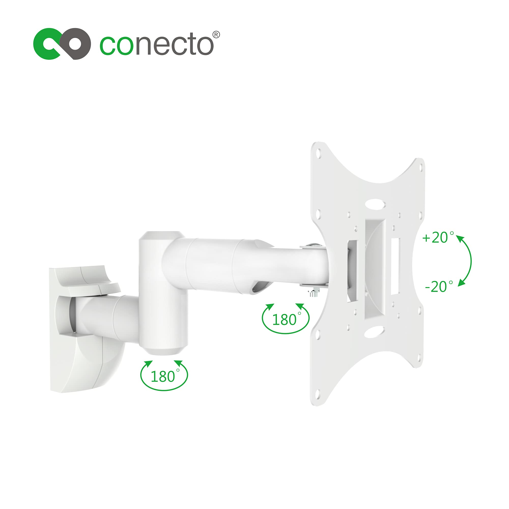 conecto supporto a parete per monitor e televisori fino a 42 pollici, girevole (+/-90°), inclinabile (+/-20°), VESA 50x50, 75x75, 100x100, 200x100, 200x200, portata massima 30,0 kg, bianco