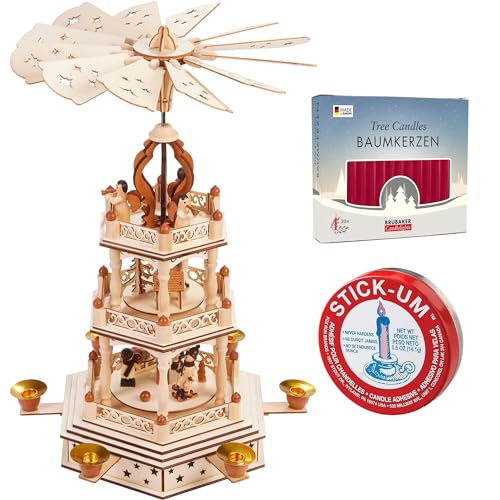 BRUBAKER Christmas Pyramid - 18 Inches - 3 Tier Carousel - Wooden Rotating Christmas Decoration Nativity Play - Hand-Painted Figures + 20 Dark Red Candles + Stick-Um Candle Adhesive