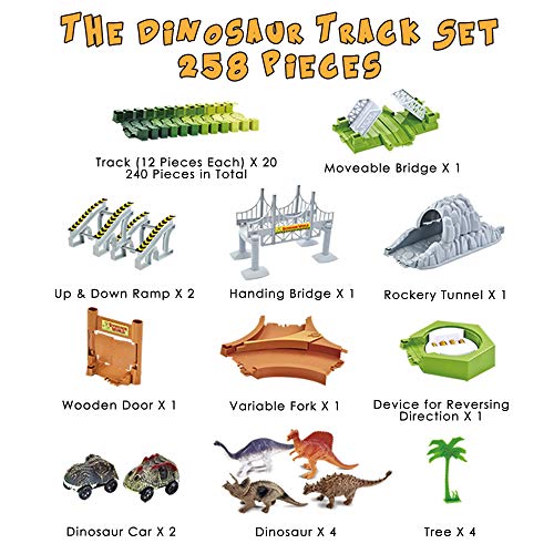 KITOART Dinosaur Toys-258 Pcs Create A Dinosaur World Road Race, Dinosaur Race Track-Flexible Assembly of Various Track Devices & 2 Cool Dinosaur Car, Best Gift for Kids-3 4 5 6 Year Old Boys Girls