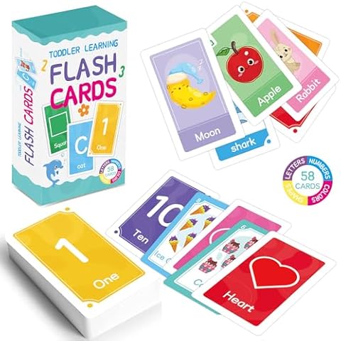 Colorful Flash Card Set – 58Pcs Vibrant Picture Cards Pack – Master Numbers, Shapes, Animals, Colors, ABC Letters - Comprehensive Preschool Educational Learning Toy Gift for Toddlers Kids(3-5 Years) Cover