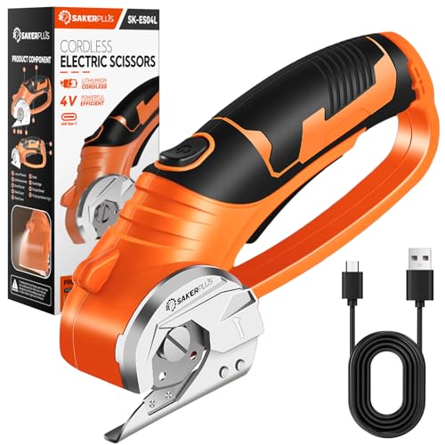 Image of SakerPlus Cordless Electric Scissors, 4V Cardboard Cutter, Box Cutter Fabric Scissor with Safety Lock & LED Light, Rechargeable Power Rotary Cutters for Box Carpet Fabric Plastic Leather