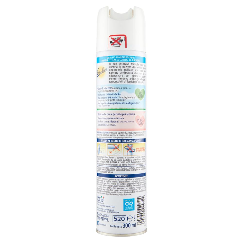 8x Emulsio Mangia Polvere Antistatico Freschezza di Agrumi,Sprühreiniger für mehrere Oberflächen entfernen Staub,Frischer Zitrusduft,300ml + Beni Culinari Kostenloser Schlüsselanhänger