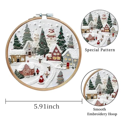 Image of LB Christmas Embroidery Kit for Beginners Adults, 3 Sets Hand Embroidery Starter Kit with Christmas Village and Instructions Stamped Cross Stitch Kits Include Embroidery Hoop Needles Threads Scissors
