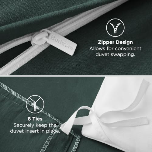 Image of Bedsure Prewashed Duvet Cover Full, Cotton-Like Bedding Set, Forest Green | Ultra Soft, Relaxed Texture, 80 inchx90 inch Breathable Comfort, Hidden Zipper, 8 Corner Ties, Easy Care, OEKO-TEX, Year-Round Use