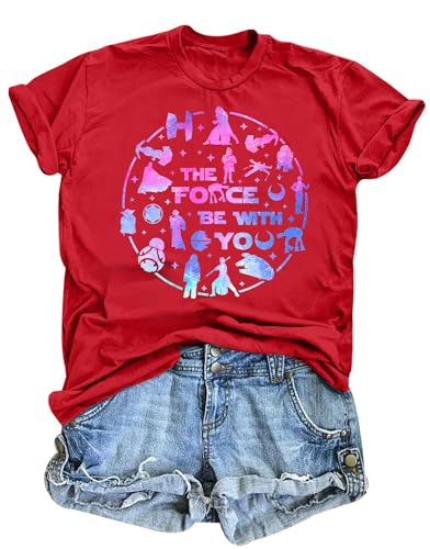 Image of FRYAID Women May The Power Be with You Graphic T Shirt Short Sleeve Casual Tops Summer Fun Vacation Shirt Soft Casual Fit