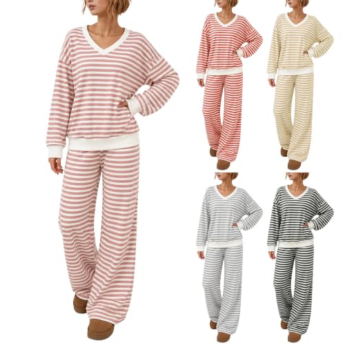 GOSEAGOTOFUN Women Striped Pajama Set V Neck Long Sleeve Lounge Sets Cute Comfortable 2 Piece Pajama Set Travel Lounge Outfit Pink Small - image 1