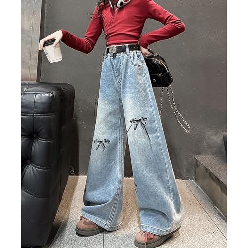 Baggy Jeans for Girls Ribbon Bows Wide Leg Pants Adjustable Waist Coquette Cute Jeans for Girls Kids High Waist Streetwear3