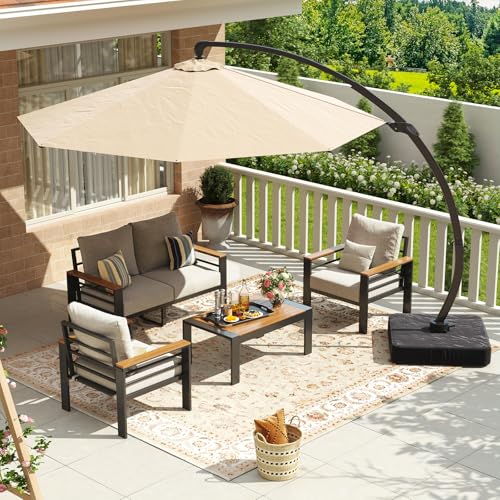 Image of Aoxun Aluminum Patio Furniture Set with Umbrella 4 Seats, Oversized Outdoor Sectional with Washable Thick Cushions, Coffee Table, Patio Conversation Sets for Porch, Balcony, Deck