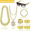 DONGZQAN 8 Stück Gangster Zuhälter Kostüm Goldkette Fasching, Hip Hop Rapper Kostüm, 80er/90er Jahre Outfit Herren, Dollar Kette/Große Goldene Kette/Dollar Ring/Goldenes Armband #1