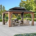Modern Shade Rosewood Wood Gazebo 13' x 15', Permanent Hardtop Gazebo with Double Galvanized Steel Roof, Mosquito Netting and Yard-Dyed Curtains, Cedar Outdoor Gazebo with Sturdy Hooks for Backyard
