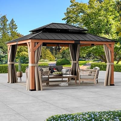 Modern Shade Rosewood Wood Gazebo 13' x 15', Permanent Hardtop Gazebo with Double Galvanized Steel Roof, Mosquito Netting and Yard-Dyed Curtains, Cedar Outdoor Gazebo with Sturdy Hooks for Backyard
