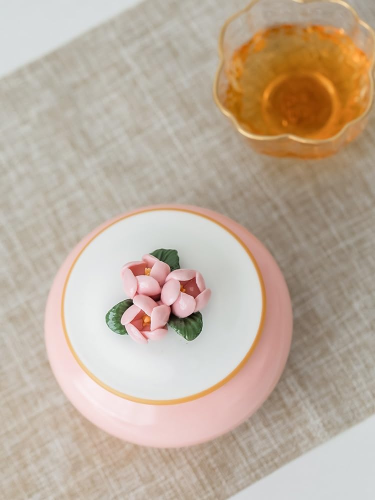 SONGCHAO Sugar Jar Chinese Pinch Flower Tea Jar Pink Living Room Snack Jar Ceramic Kitchen Candy Salt Shaker Storage Jar Tea Canister