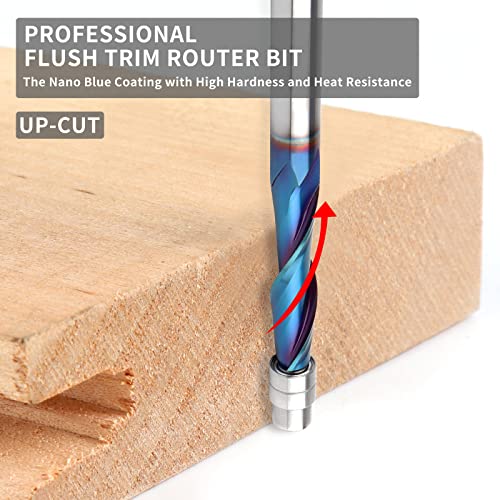 Upcut Spiral Flush Trim Router Bit, 1/4 Inch Shank Solid Carbide Flush Trim Router Bits Spiral With Nano Coated By Eanosic (1/4" Shank Up-Cut) #TOP2