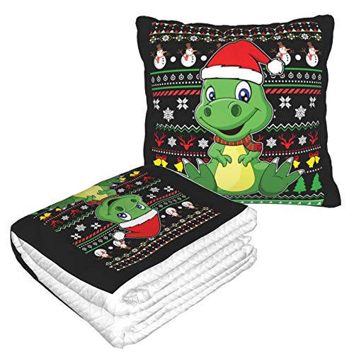 Pillow Blanket 2 in 1 Dinosaur Christmas Hat Blanket Lightweight Plush Bed Throw Convertible Fleece Blanket Soft Travel Neck Pillow Sofa Combo
