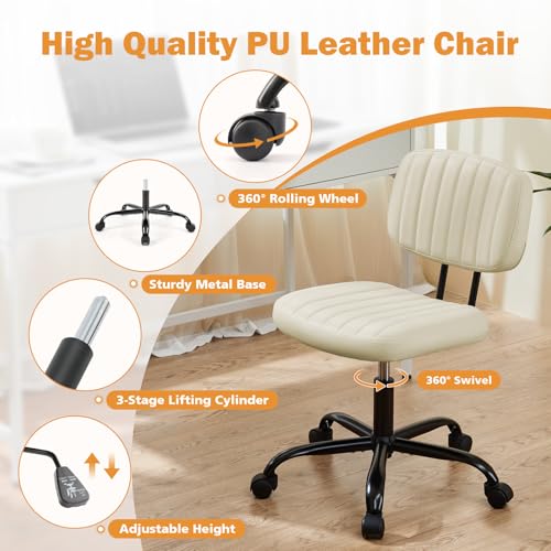 Image of Sweetcrispy Office Desk Chair, Small Vanity Chair, Lumbar Support | Armless PU Leather, Height Adjustable Rolling Swivel Task, Bedroom Home Student, Beige White