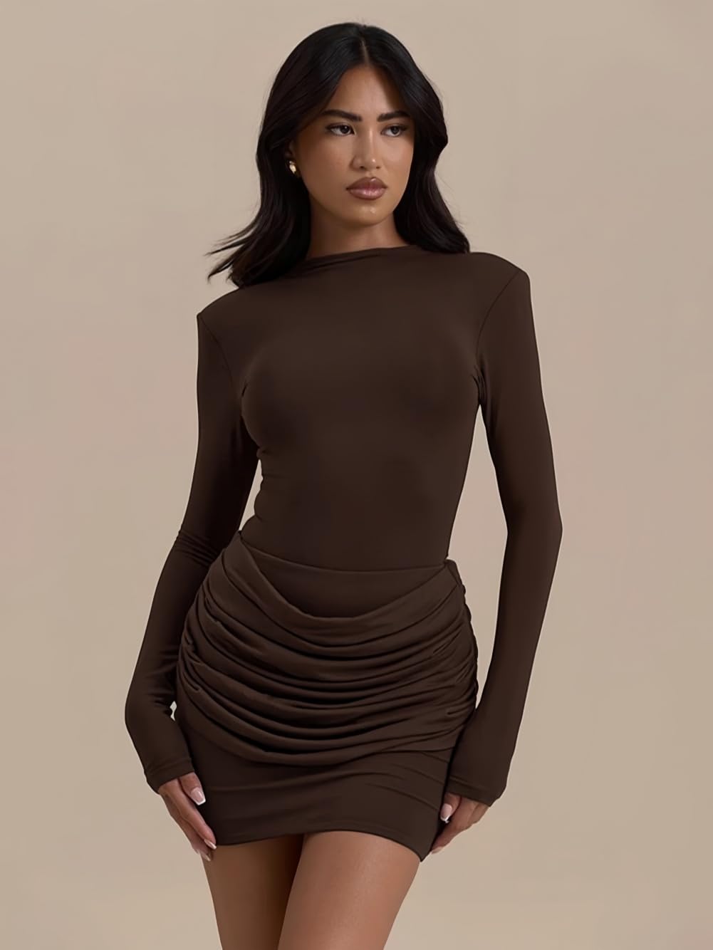 Vestito Donna Elegante Maniche Lunghe Collo Alto Mini Abito con Drappeggio Sexy Vestiti Corto Aderente Tubino Abiti per Festa Discoteca Sera Cocktail Autunno Inverno Casual Streetwear