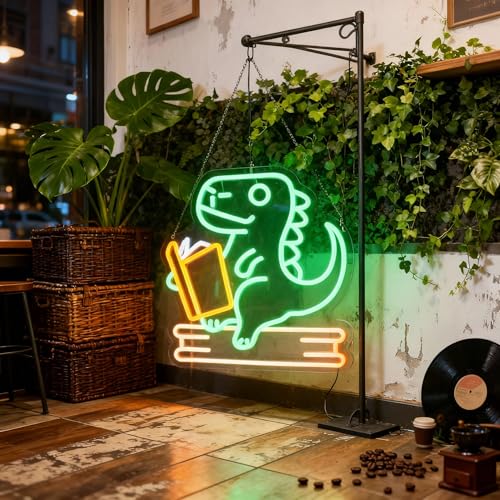 Image of Reading Dinosaur Neon Sign, Book Lover Led Neon Light, Bookish LED Sign, Bookworm Reading Club Light, Kid's Room Decor, Game Room Wall Art, Christmas & Birthday Gifts