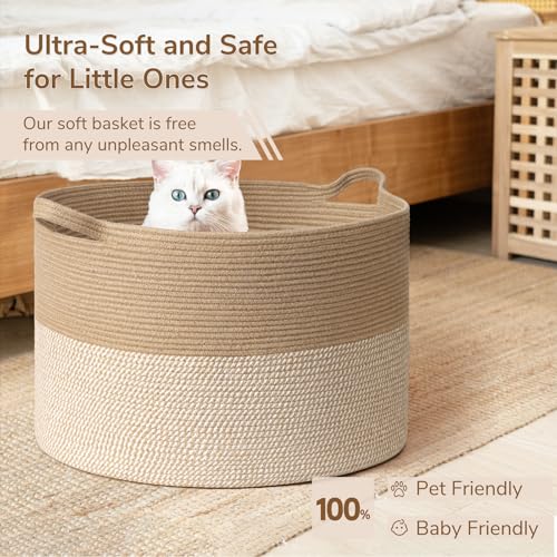Image of INDRESSME 115L Extra Large Woven Baskets for Storage, Wicker Basket for Living Room Decor Laundry Baskets for Blankets Clothes Pillows Towel Shoe Basket for Entryway, White & Jute