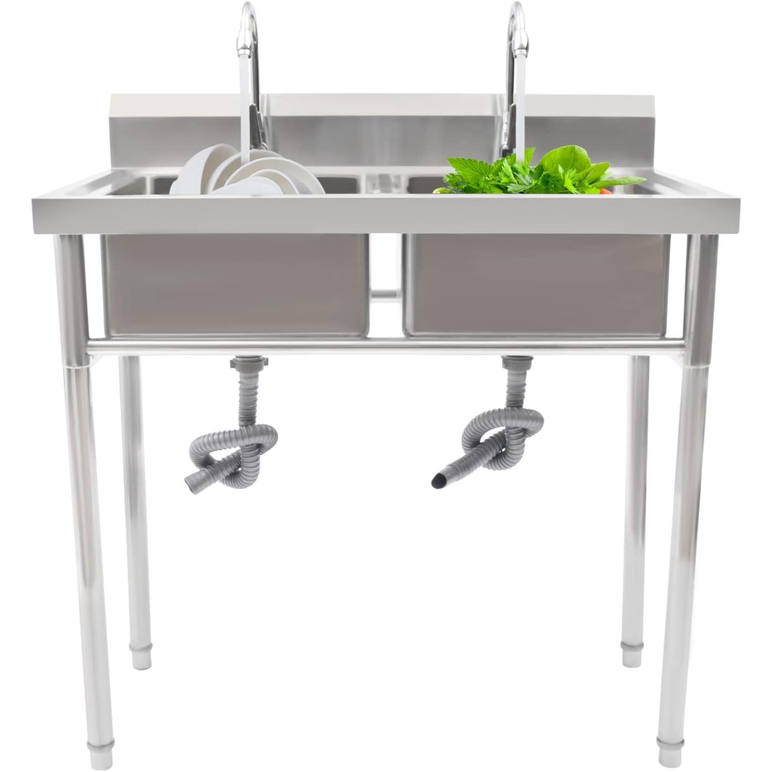 Lavandini da esterno autoportanti in acciaio inox 304,Lavandino da Cucina Commerciale con gambe in acciaio,con tubi dell'acqua calda fredda, rubinetto, per cucina, ristorante, fattoria, lavanderia