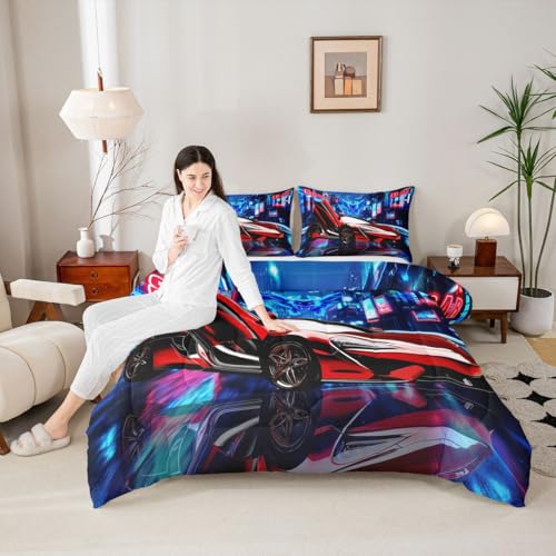 Image of Feelyou Red Race Car Comforter Boys Speed Sports Car Bedding Set for Kids Boys Girls Racing Car Comforter Set Extreme Sports Duvet Set 1 Comforter Set with 2 Pillowcases King Size Boys