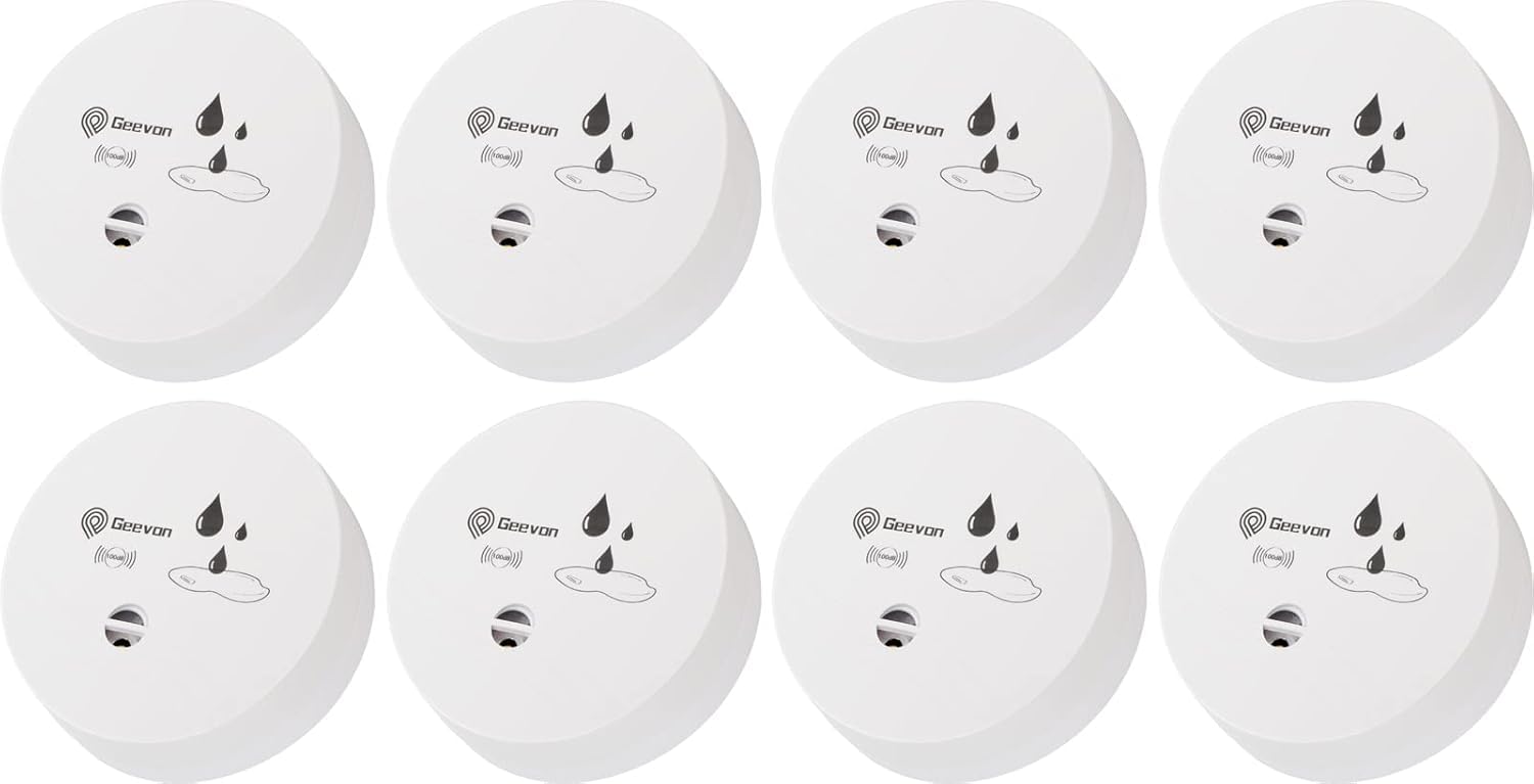 Geevon Rilevatore d'acqua, allarme acqua, 100 dB, sensore dell'acqua | Bianco, 8 pacchi, fornito con batteria, per cantina, bagno, lavanderia, cucina, garage e soffitta