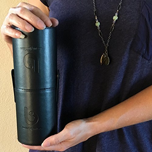 Makeup Brush Holder Organizer Case - Beauty Junkees Large Black Vegan Leather Round Cylinder Tube, Organize Cosmetic Brushes on Vanity Countertop, Snap Cups Together for Travel, Modern, Cruelty Free - Thumbnail 5