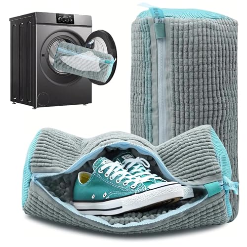 GmwyCzV 2 Piezas Bolsa Lavadora Zapatillas, Bolsa de Lavado de Zapatos Reutilizables, Bolsa para Lavar Zapatos con Cremallera, Bolsa de Lavandería Ajustable 360° para Lavadora y Organizador (Gris)